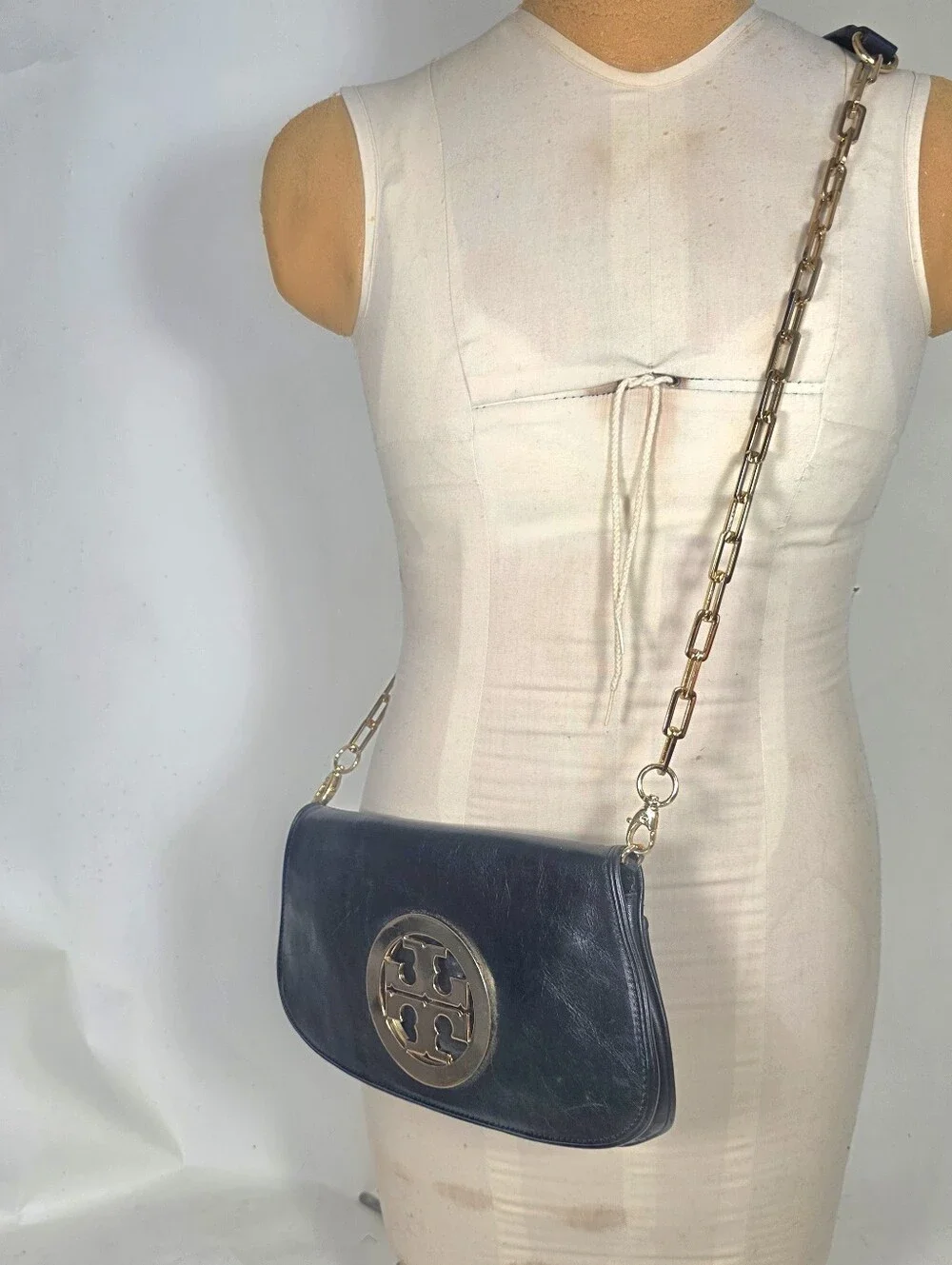 Tory Burch  Reva Black Leather Clutch Crossbody Gold Emblem